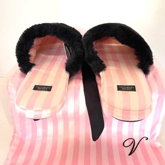 BUNDLE ME! Victoria Secret Satin Pink Striped Slippers with Black Faux Fur Trim - Picture 5 of 7